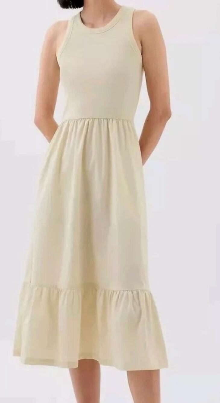 GAP Sleeveless Ribbed Poplin Fit and Flare Tank Midi Dress Cream Tan Small